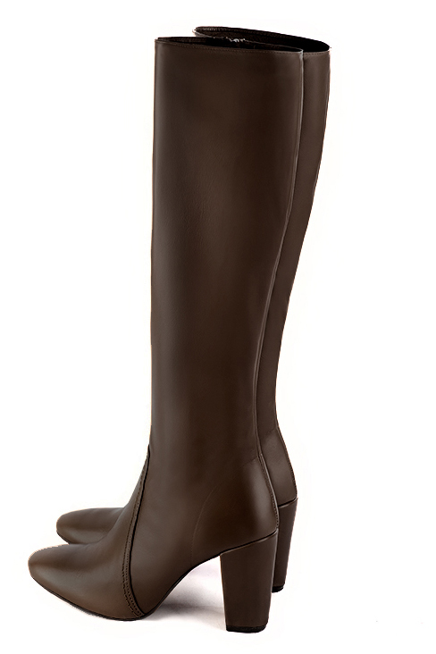 Dark brown women's feminine knee-high boots. Round toe. High block heels. Made to measure. Rear view - Florence KOOIJMAN